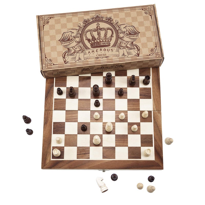 AMEROUS 12 x 12 Magnetic Wooden Chess Set for Kids and 6 up Age 2 Bonus Extra Queens Folding Board with Storage Slots Handmade Chess Pieces Portable Travel Chess Board Game Sets - Image 3