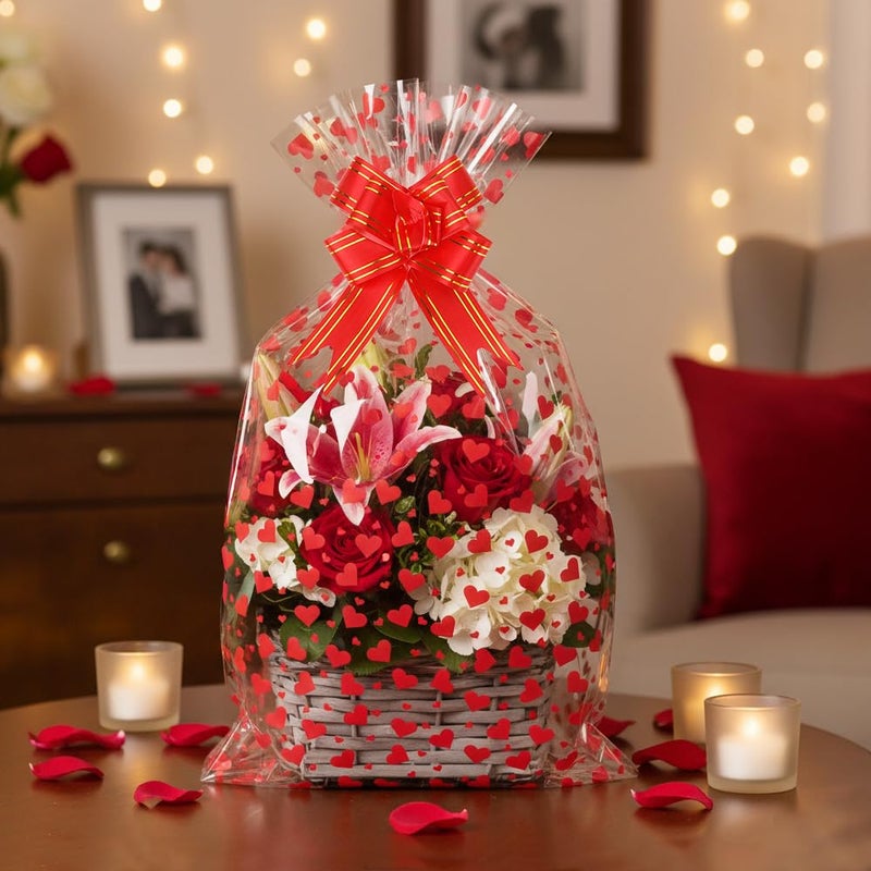 eowqeiur 10 Sets Large Valentines Cellophane Bags(20x28 Inch) with Pull Bows Red Heart Gift Goodie Basket Stocking Stuffers Wrap Valentine Day Galentines Party Decorations Favors Supplies Holiday Baggies - Image 5