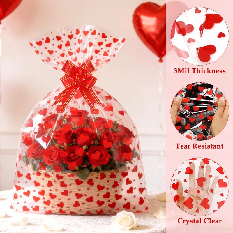 eowqeiur 10 Sets Large Valentines Cellophane Bags(20x28 Inch) with Pull Bows Red Heart Gift Goodie Basket Stocking Stuffers Wrap Valentine Day Galentines Party Decorations Favors Supplies Holiday Baggies - Image 3