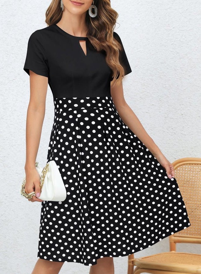 YATHON Women's Vintage Floral Flared A-Line Swing Casual Party Dresses with Pockets, Yt018-black Dot, XL - Image 3