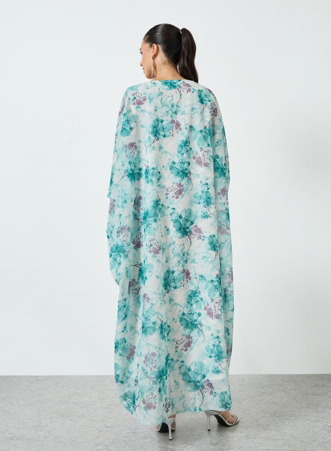 Amirah Floral Printed Embroidered Neckline Kaftan - Image 5