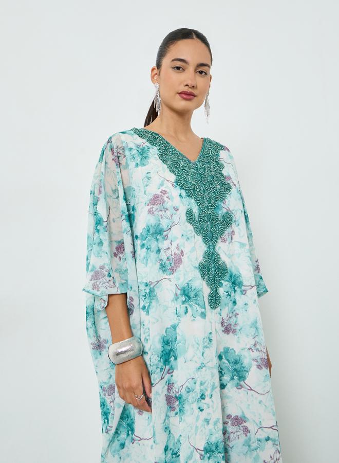 Amirah Floral Printed Embroidered Neckline Kaftan - Image 2