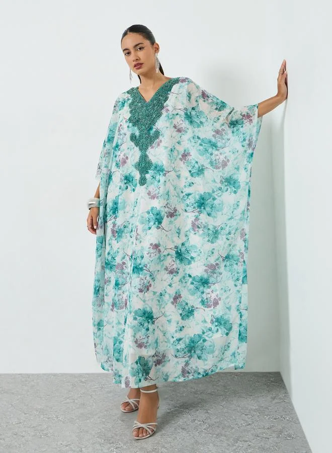 Floral Printed Embroidered Neckline Kaftan