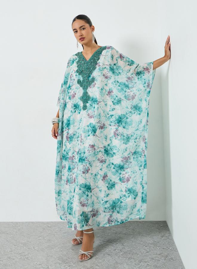 Amirah Floral Printed Embroidered Neckline Kaftan - Image 1