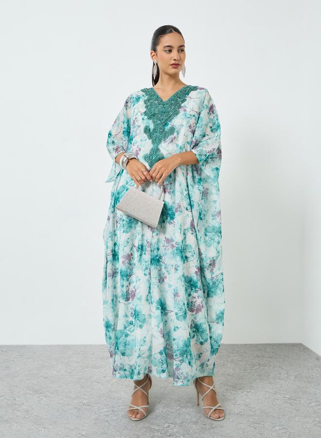 Amirah Floral Printed Embroidered Neckline Kaftan - Image 3