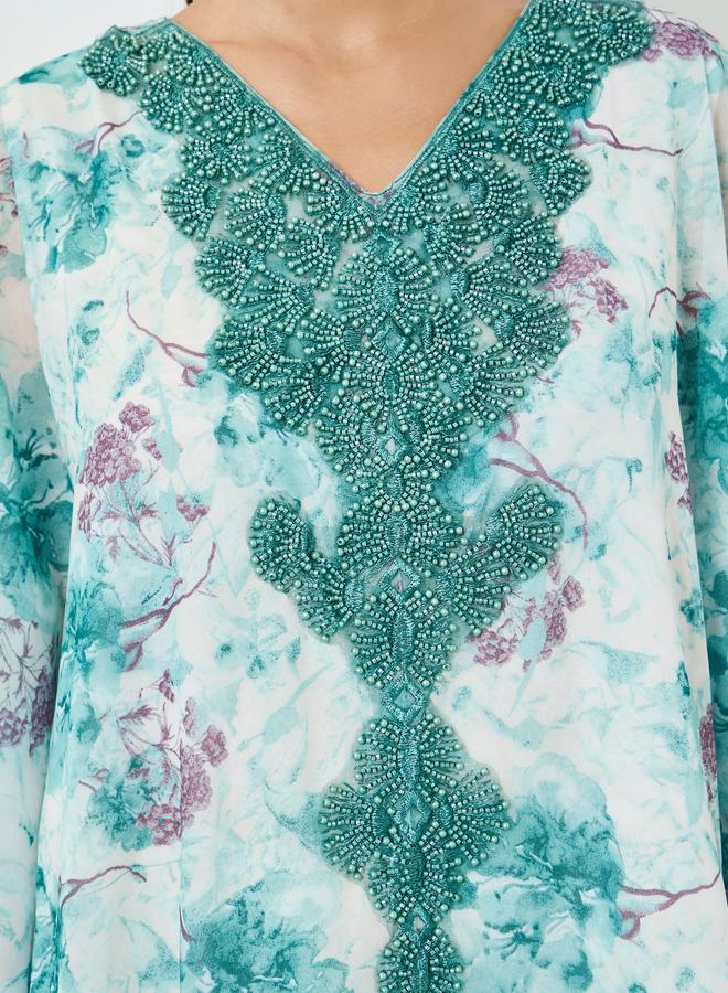 Amirah Floral Printed Embroidered Neckline Kaftan - Image 4