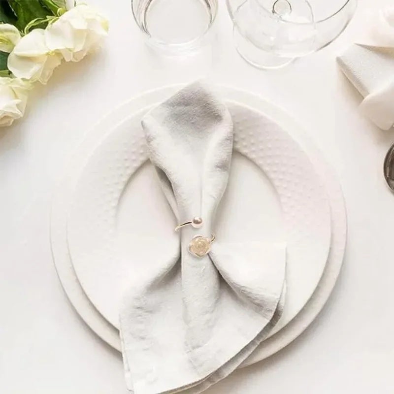 6Pcs Rose & Pearl Napkin Rings - Elegant Floral Table Decor for Weddings, Parties, Hotel,Wedding Table Settings - Image 2