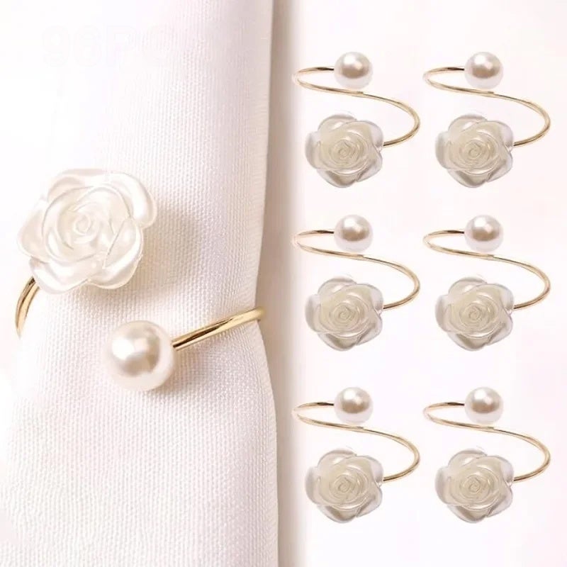 6Pcs Rose & Pearl Napkin Rings - Elegant Floral Table Decor for Weddings, Parties, Hotel,Wedding Table Settings - Image 1