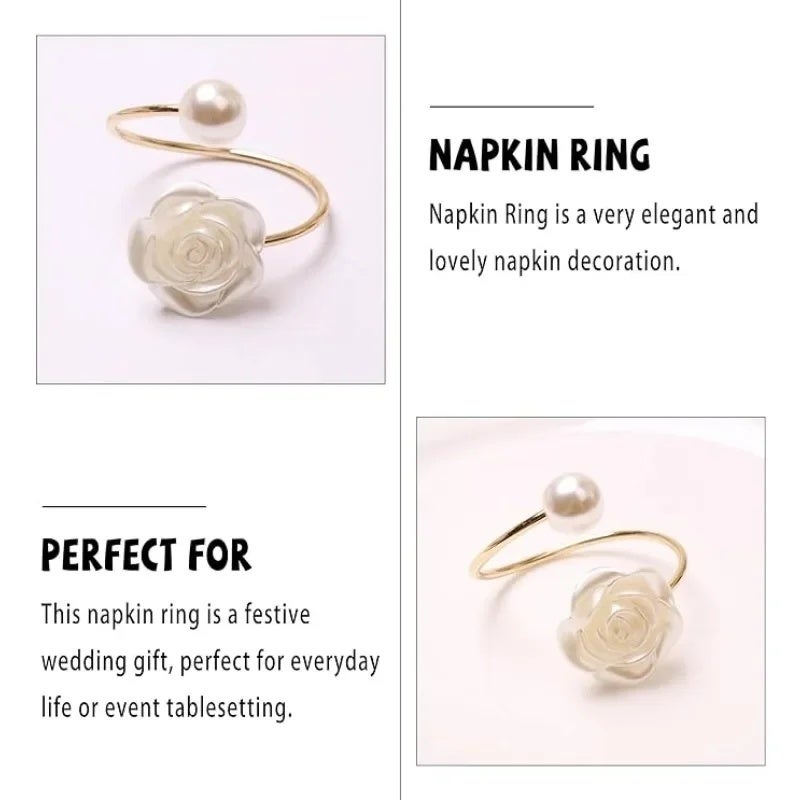 6Pcs Rose & Pearl Napkin Rings - Elegant Floral Table Decor for Weddings, Parties, Hotel,Wedding Table Settings - Image 3