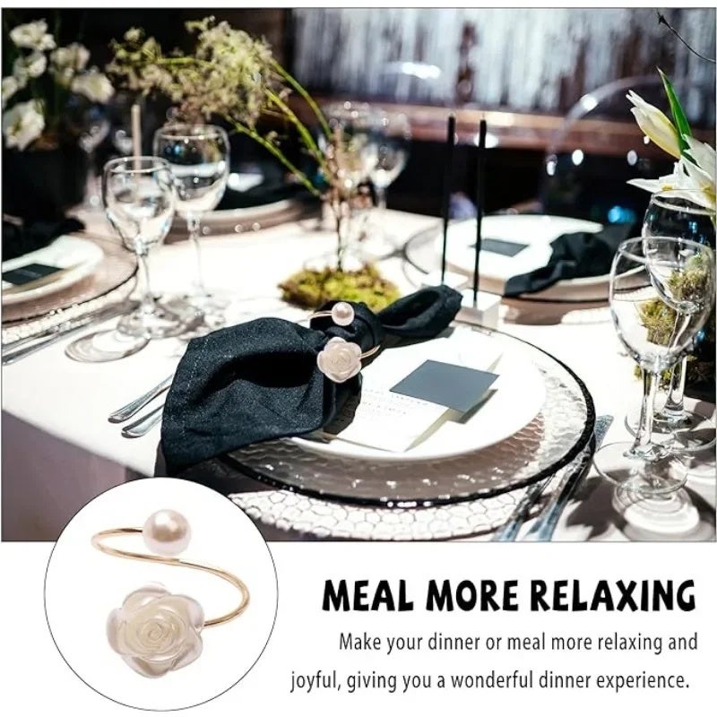 6Pcs Rose & Pearl Napkin Rings - Elegant Floral Table Decor for Weddings, Parties, Hotel,Wedding Table Settings - Image 4