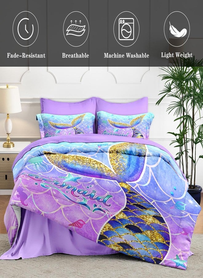 WeCozy طقم لحاف مزدوج من WeCozy مع غطاء وسادة وغطاء وسادة مزخرف، طقم سرير مكون من 5 قطع بتصميم حورية البحر للأطفال والكبار، طقم سرير نسائي بألوان مائية باللونين البنفسجي والذهبي مع شرشف مسطح. - Image 5