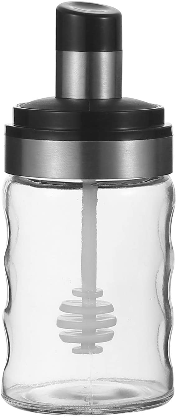 KREZON زجاجة موزع العسل KREZON مع ملعقة غمس، حاوية تخزين العسل الزجاجية، وعاء زيت المطبخ، جرة كاستور مع زجاجة توابل (1 قطعة، 250 مل، متعددة الألوان) - Image 4