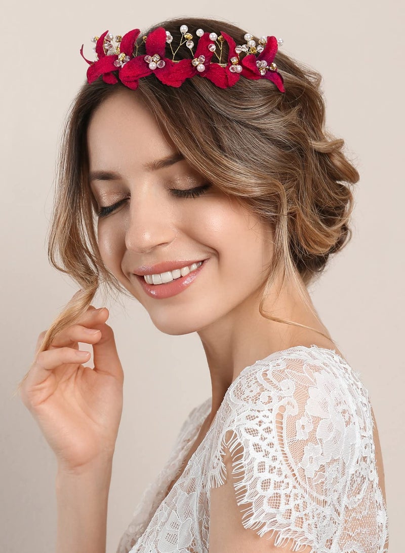 KASTWAVE Wedding Bride Floral Red Headband, Crystal Gold Red Flower Hair Vine with Pearl Rhinestone Hair Accessory with Earring, Boho Delicate Hair Piece Jewelry for Women and Girls - Image 2