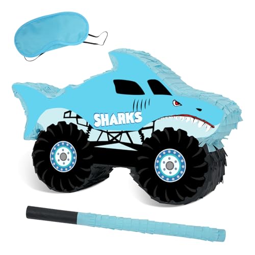 JOARHONAL Shark Truck Pinata Monster Truck Pinata with Blindfold and Bat for Kids Shark Monster Truck Theme Birthday Party Game Decorations Small Size 167x102x3 - Image 1