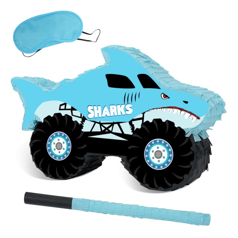 JOARHONAL Shark Truck Pinata Monster Truck Pinata with Blindfold and Bat for Kids Shark Monster Truck Theme Birthday Party Game Decorations Small Size 167x102x3 - Image 2