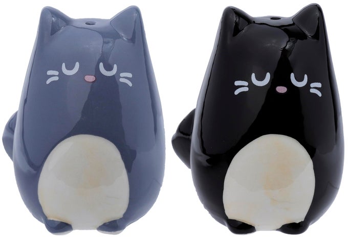 FELINE FINE BLACK GREY CAT CERAMIC SALT PEPPER SET