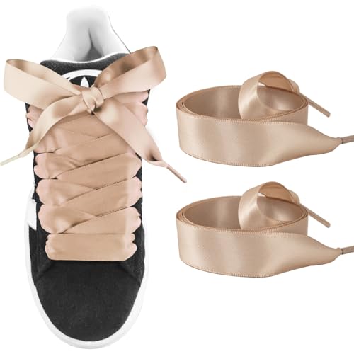 UamGlsob 3/4" Wide Ribbon Shoe Laces for Sneakers, 2CM Satin Flat Thick Fancy Silk Shoelaces Replacement for Women Girls (Khaki,36"/90cm) - Image 1