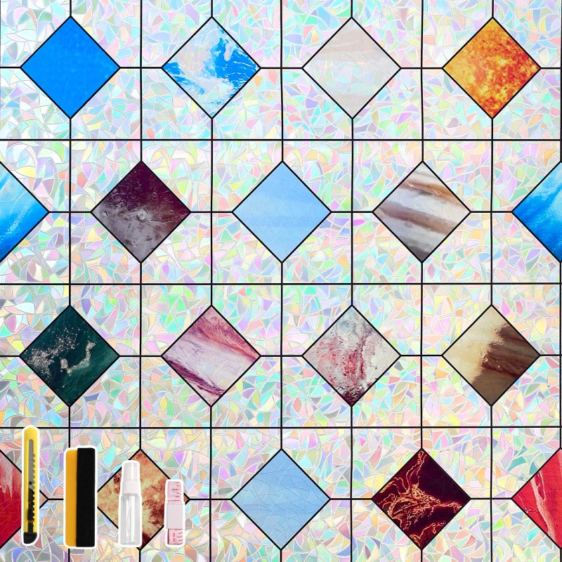 LEMON CLOUD Window Privacy Film, Rainbow Stained Glass Decorative Static Clings, UV Blocking Colorful Geometric Patterns Vinyl Covering Renter Friendly, Non-Adhesive 17.5" Ã— 78.7" - Image 1