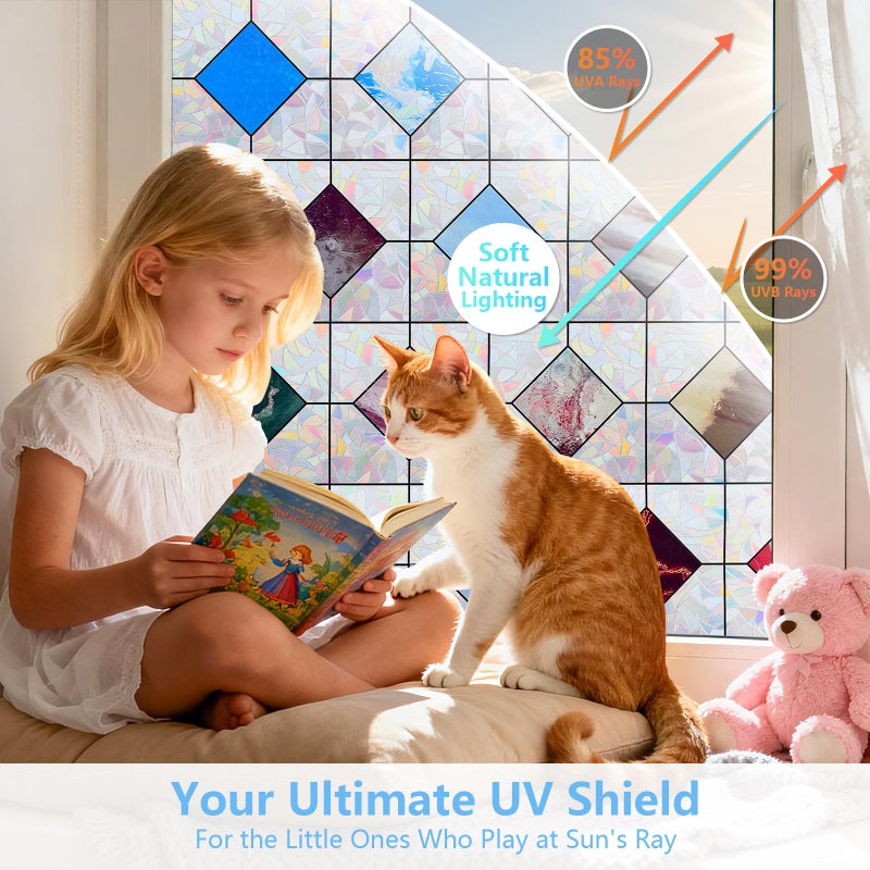 LEMON CLOUD Window Privacy Film, Rainbow Stained Glass Decorative Static Clings, UV Blocking Colorful Geometric Patterns Vinyl Covering Renter Friendly, Non-Adhesive 17.5" Ã— 78.7" - Image 2