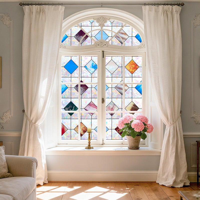LEMON CLOUD Window Privacy Film, Rainbow Stained Glass Decorative Static Clings, UV Blocking Colorful Geometric Patterns Vinyl Covering Renter Friendly, Non-Adhesive 17.5" Ã— 78.7" - Image 3