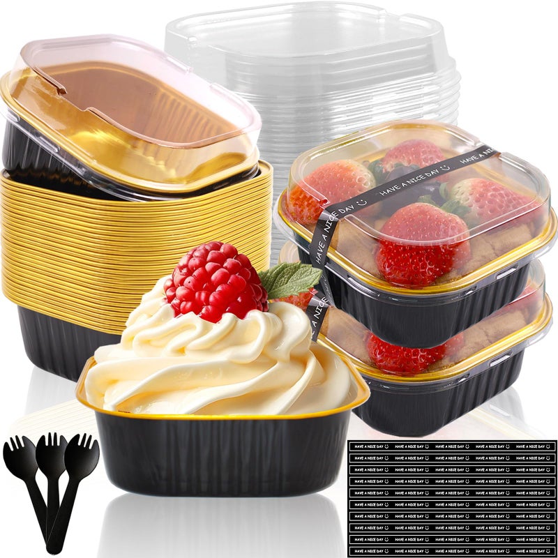 BZIDII 10oz Mini Cake Pans With Lids 50 Pack Aluminum Foil Square Brownie Baking CupsDisposable Loaf Pans With Lids and Spoons StickersLarge Cupcake Pans Muffin Tins Cake ContainerBlack - Image 2