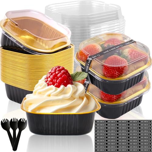 BZIDII 10oz Mini Cake Pans With Lids 50 Pack Aluminum Foil Square Brownie Baking CupsDisposable Loaf Pans With Lids and Spoons StickersLarge Cupcake Pans Muffin Tins Cake ContainerBlack - Image 1