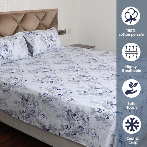 DAKSH Premium 180 TC 100% Cotton Floral Printed Single Bed Sheet with 1 Pillow Cover, Blue & Grey - Image 4