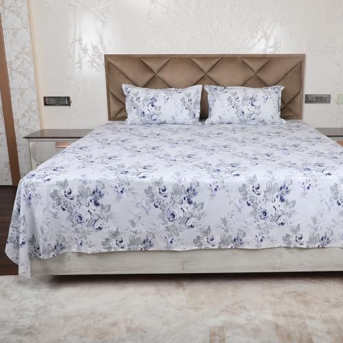 DAKSH Premium 180 TC 100% Cotton Floral Printed Single Bed Sheet with 1 Pillow Cover, Blue & Grey - Image 1