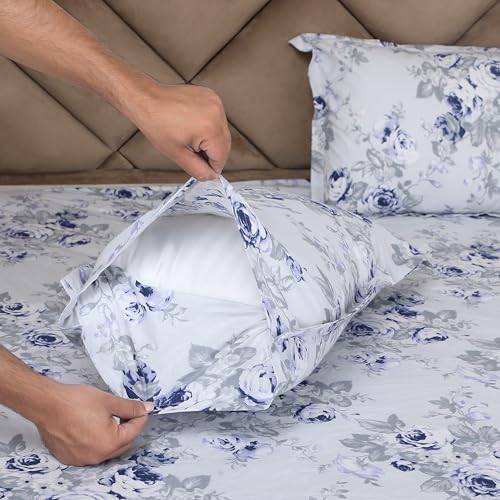 DAKSH Premium 180 TC 100% Cotton Floral Printed Single Bed Sheet with 1 Pillow Cover, Blue & Grey - Image 2