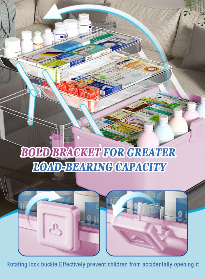 HomarKet Medicine Box Plastic Medicine Storage Box Family Emergency Kit Medical Kit 3 Layers Home First Aid Box Child Proof Medicine Box Organizer Pill Case with Compartments and Handle - Image 2
