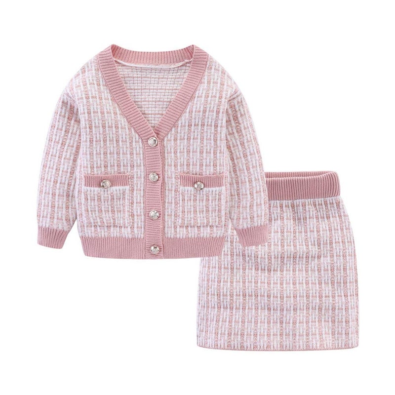 Mud Kingdom Cute Little Girls Ribbed Knit Cardigan Skirt Set School Style, Plaid Pink, 18-24 Months - Image 1