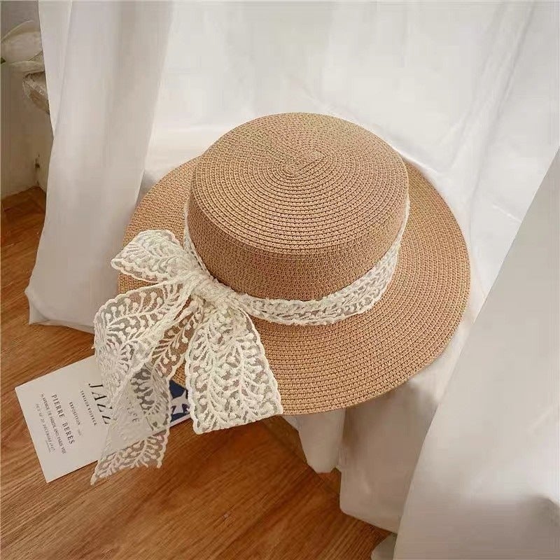 New French Flat Top Hat for Women - Large Size Beach Holiday Sun Hat with Wide Brim