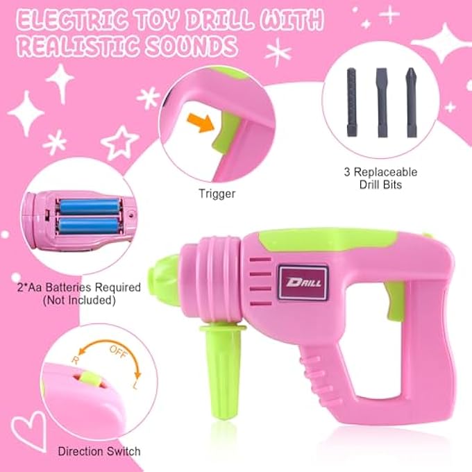 CHILDREN'S TOOL BOX, TOY TOOL SET, 39 PIECES TOOL SET FOR CHILDREN, ELECTRIC TOY, DRILL, SCREWDRIVER TOY FROM 3 4 5 6 7 YEARS BOYS GIRLS (PINK) - Image 4