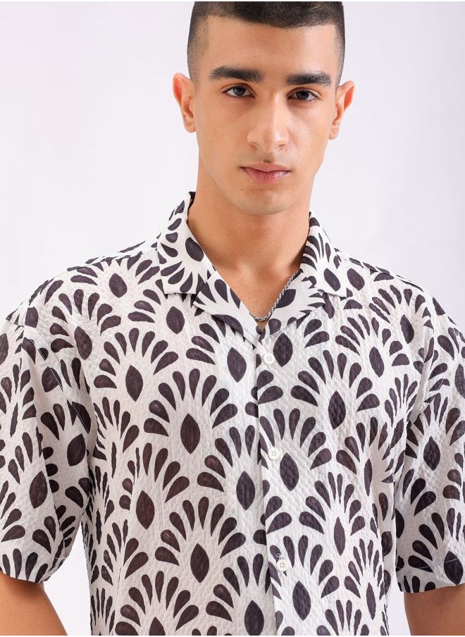 The Indian Garage Co Men Relaxed Fit Textured Printed Half Sleeves Cuban Collar Resort Wear Shirt  - Image 1