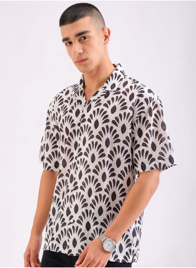 The Indian Garage Co Men Relaxed Fit Textured Printed Half Sleeves Cuban Collar Resort Wear Shirt  - Image 4