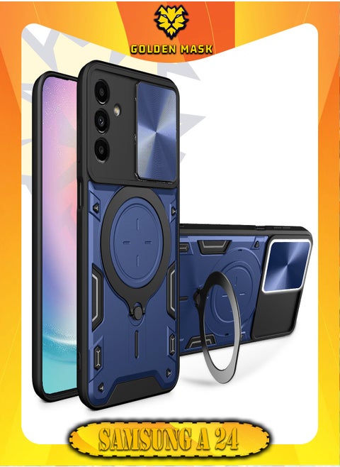 جولدن ماسك لهاتف سامسونج جالاكسي اية 24 (Samsung Galaxy A24) جراب حماية مع باب جرار لحماية عدسة  الكاميرا المدرعة مدمج بزاوية 360 درجة - (ازرق)