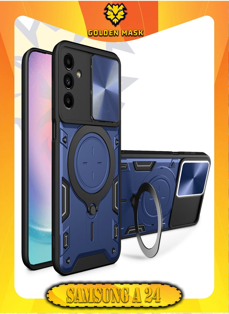 جولدن ماسك جولدن ماسك لهاتف سامسونج جالاكسي اية 24 (Samsung Galaxy A24) جراب حماية مع باب جرار لحماية عدسة  الكاميرا المدرعة مدمج بزاوية 360 درجة - (ازرق) 