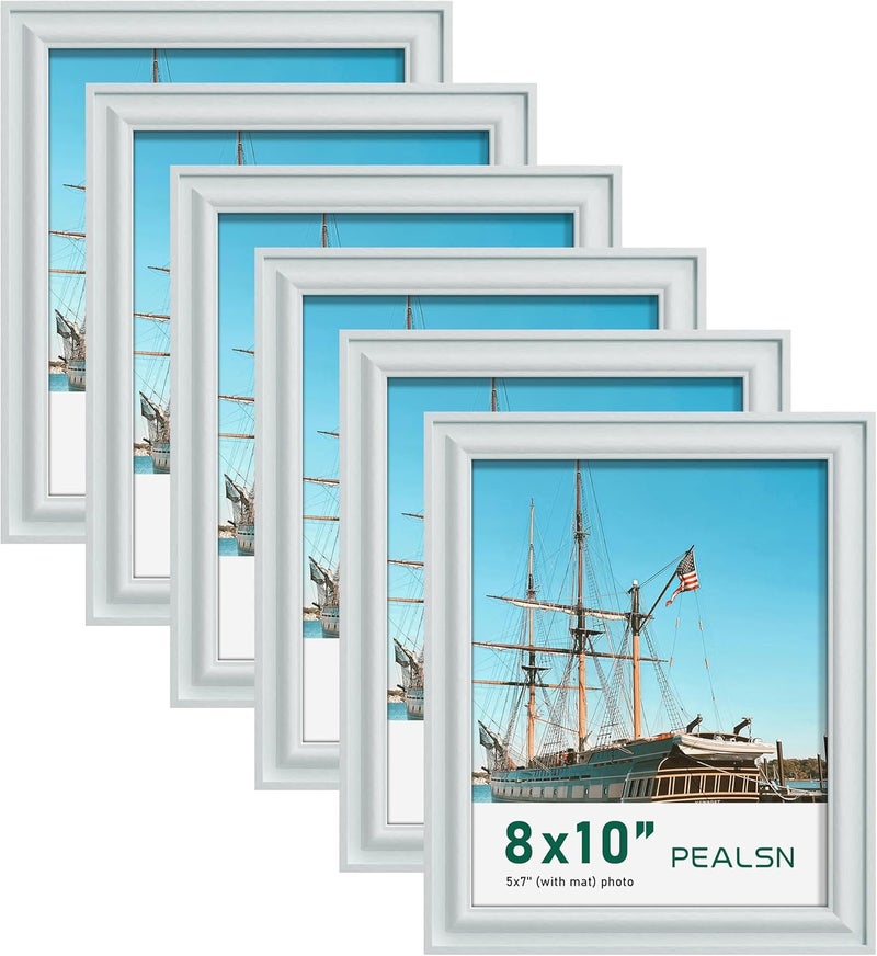 PEALSN 8x10 Picture Frame Set of 6, Display Pictures 5 x 7 with Mat or 8 x 10 without Mat, Wall Gallery Photo Frames for Wall Mounting or Tabletop Display, Blue - Image 1