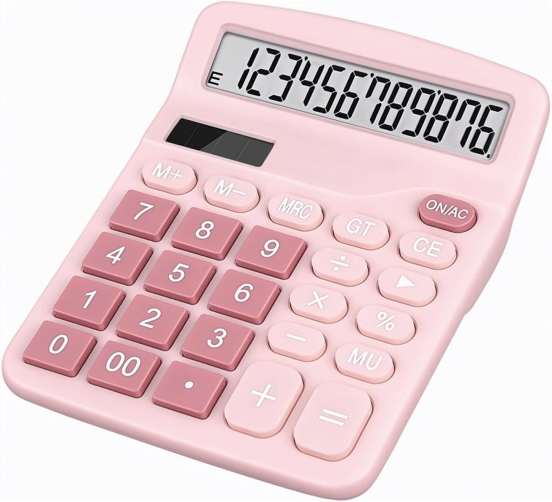 Pink Desktop Calculator 12-Digit Large Display Dual Power Solar Battery Powered - Large Buttons Slim Design - Cute Calculator for Home School Office - Image 2