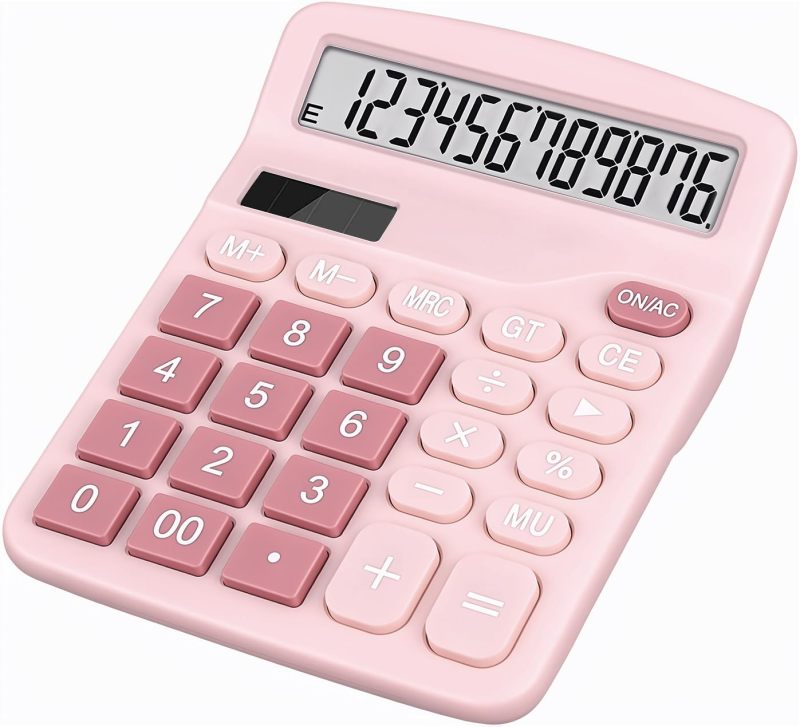 Pink Desktop Calculator 12-Digit Large Display Dual Power Solar Battery Powered - Large Buttons Slim Design - Cute Calculator for Home School Office - Image 1