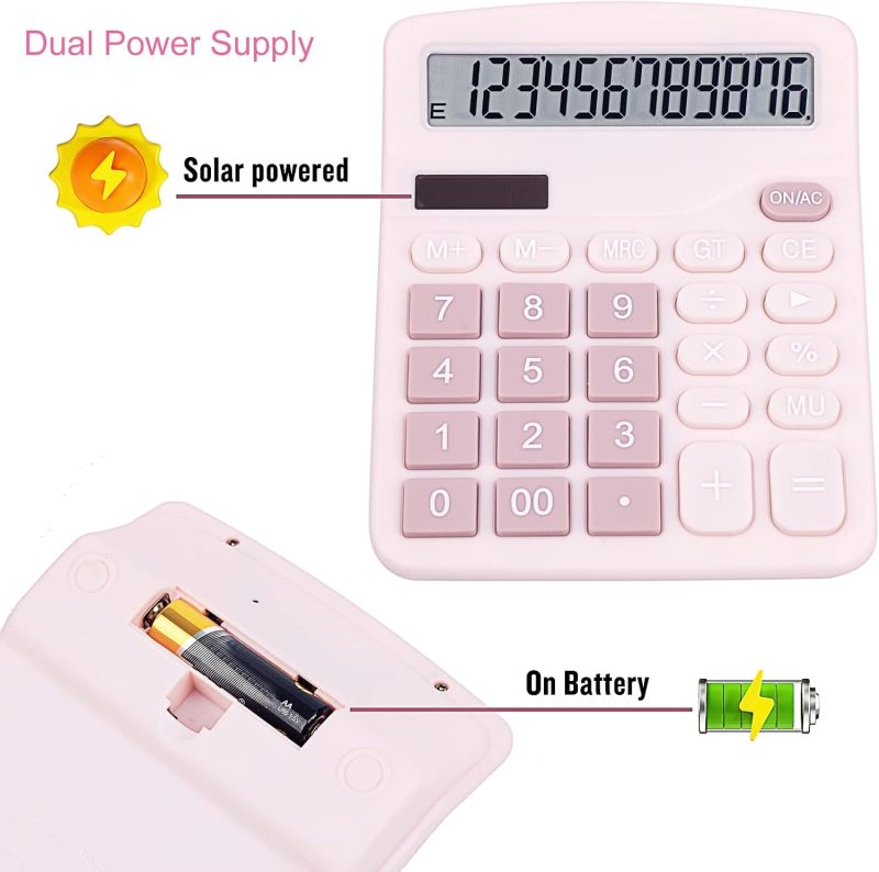 Pink Desktop Calculator 12-Digit Large Display Dual Power Solar Battery Powered - Large Buttons Slim Design - Cute Calculator for Home School Office - Image 4