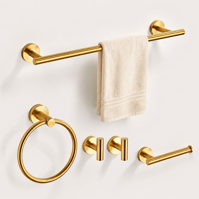 KUUBTH Brushed Gold Bathroom Hardware Set 5 Piece with Towel Racks for Bathroom SUS304 Stainless Steel Bath Towel Bar Set 24 Inch Wall Mounted Accessories Kit - Image 2