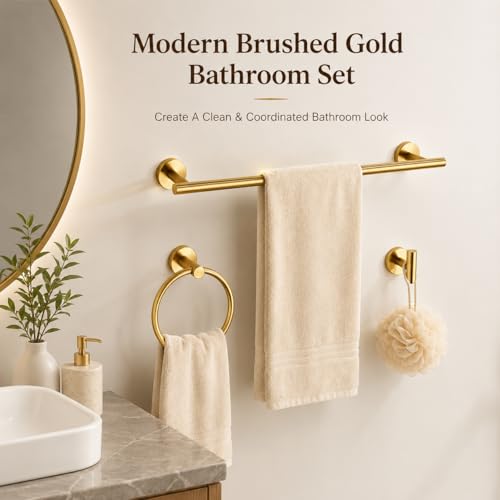 KUUBTH Brushed Gold Bathroom Hardware Set 5 Piece with Towel Racks for Bathroom SUS304 Stainless Steel Bath Towel Bar Set 24 Inch Wall Mounted Accessories Kit - Image 3