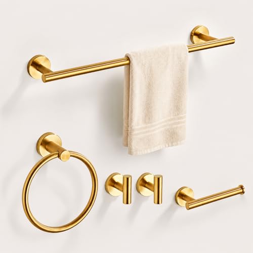 KUUBTH Brushed Gold Bathroom Hardware Set 5 Piece with Towel Racks for Bathroom SUS304 Stainless Steel Bath Towel Bar Set 24 Inch Wall Mounted Accessories Kit - Image 1