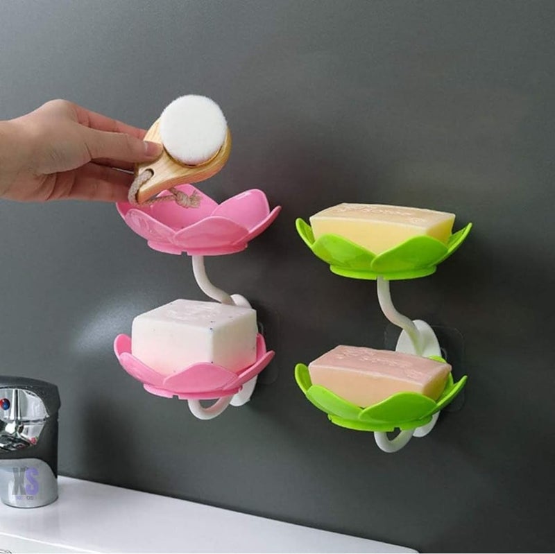 Home @Paradise MAGICAA Lotus Flower Soap Holder with Suction Cup, Wall Mounted Bathroom Soap Dish, Pink and Green, Set of 2  - Image 1