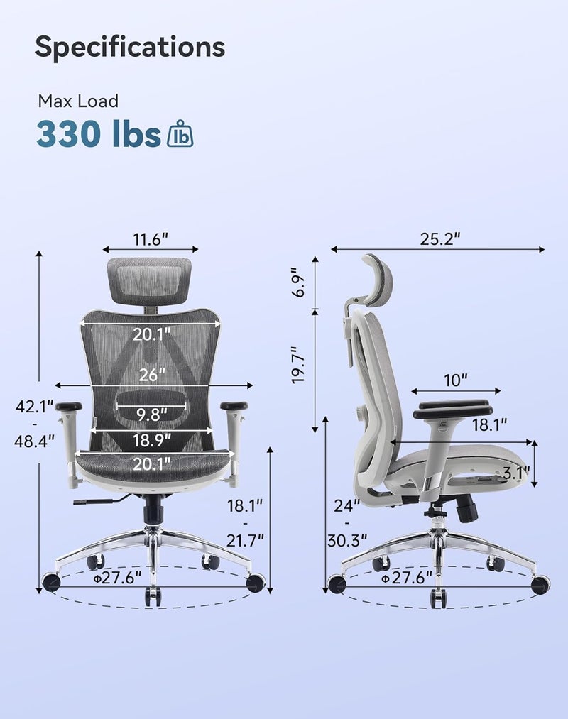 SIHOO M57 Gaming Office Chair,Ergonomic Chair with 3 Way Armrests Lumbar Support and Adjustable Headrest High Back Tilt Function(White) - Image 2
