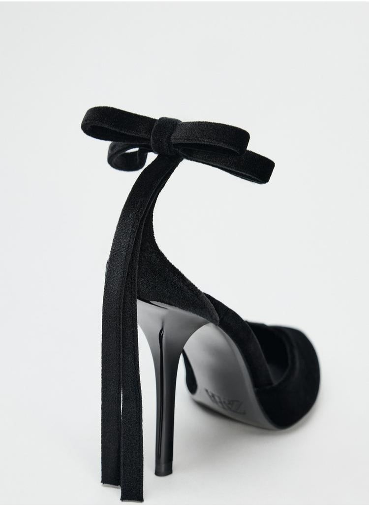 Zara Velvet effect stiletto heel shoes with bow  - Image 4