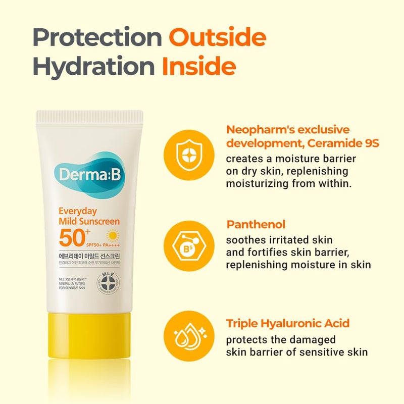 derma b ديرما بي واقي شمس يومي خفيف SPF50+ PA++++ 1.69 أونصة سائلة، 50 مل واقي شمس مرطب سريع الامتصاص وخفيف الوزن، غير لزج للوجه والجسم لبشرة نضرة، لوشن واقي شمس كوري للبشرة الحساسة - Image 5