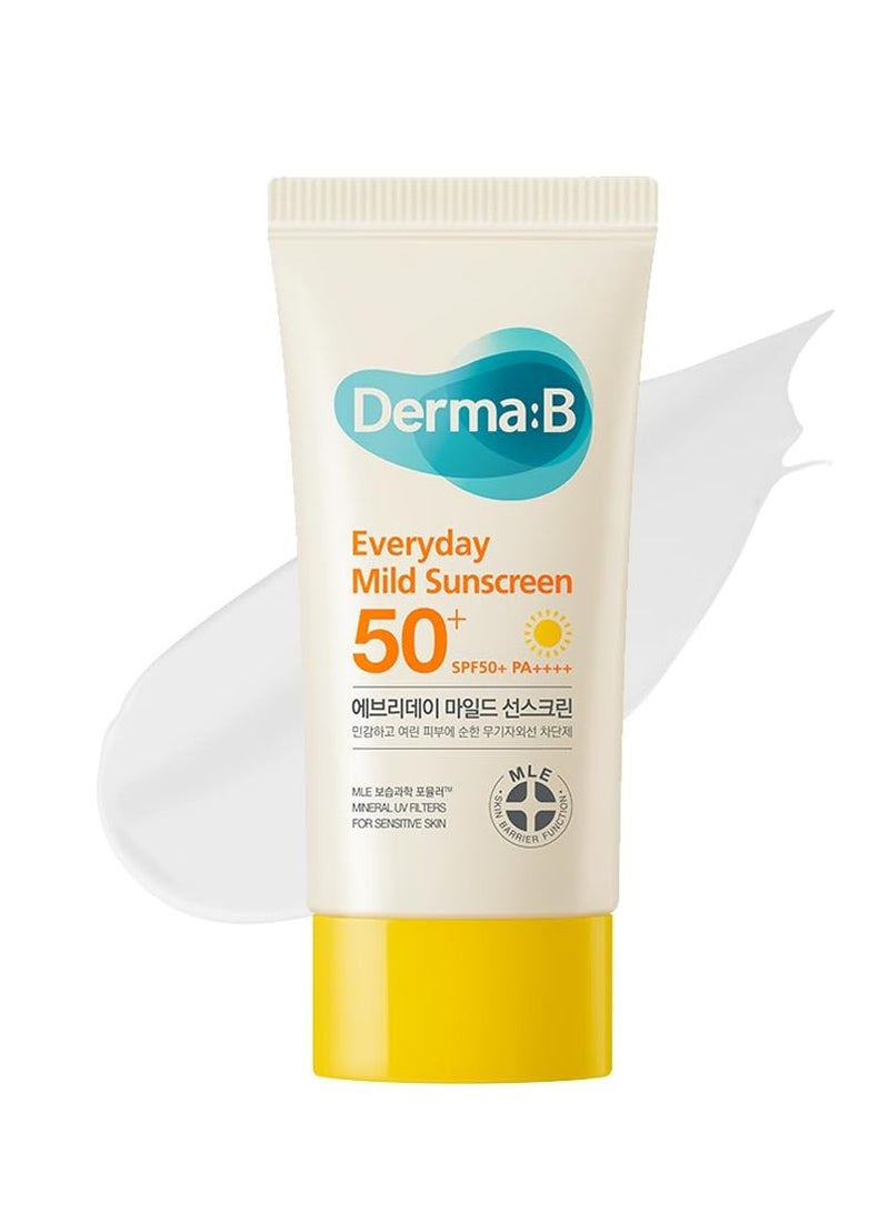 derma b Derma B Everyday Mild Sunscreen SPF50+ PA++++ 1.69 Fl Oz, 50ml Fast-Absorbing Lightweight SPF Sunblock Moisturizer, Facial Body Non-Sticky for Dewy Skin, Korean Sunscreen Lotion for Sensitive Skin  - Image 1