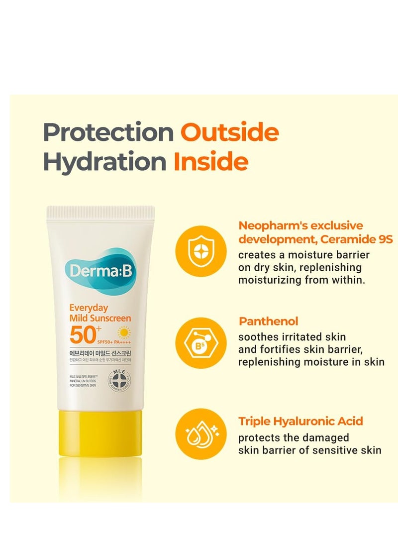 derma b Derma B Everyday Mild Sunscreen SPF50+ PA++++ 1.69 Fl Oz, 50ml Fast-Absorbing Lightweight SPF Sunblock Moisturizer, Facial Body Non-Sticky for Dewy Skin, Korean Sunscreen Lotion for Sensitive Skin  - Image 2